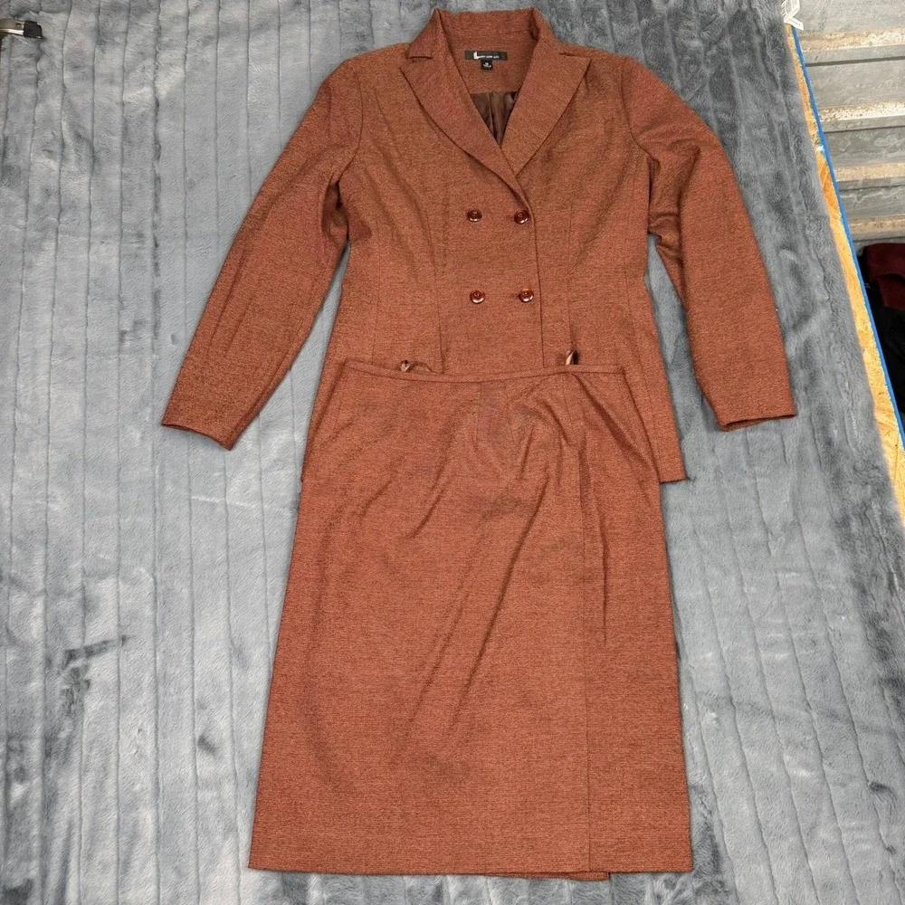 Larry Levine Suits Womens Rust Orange 2 Pc Double Breasted Blazer Skirt Set 10